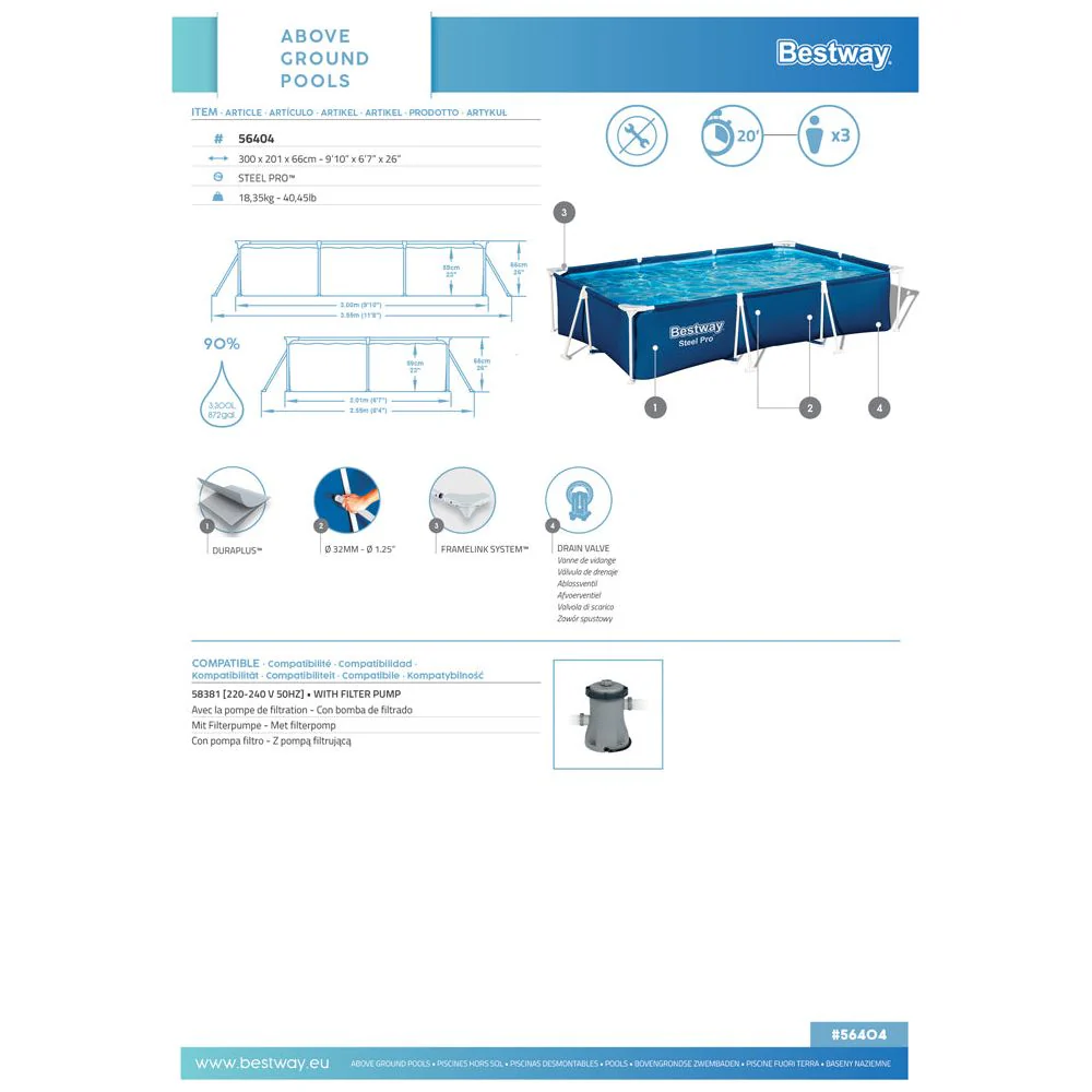 בריכה ביתית Bestway מלבנית 200*300 ס"מ - יבואן רשמי דגם 56404 - Image 5