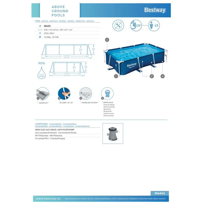 בריכה ביתית Bestway מלבנית 61*170*259 ס"מ - יבואן רשמי דגם 56403 - Image 3