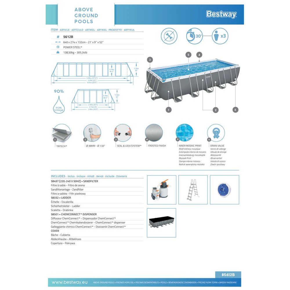 בריכה ביתית מלבנית 640*274*132 ס"מ - יבואן רשמי Bestway דגם 5612B - Image 8