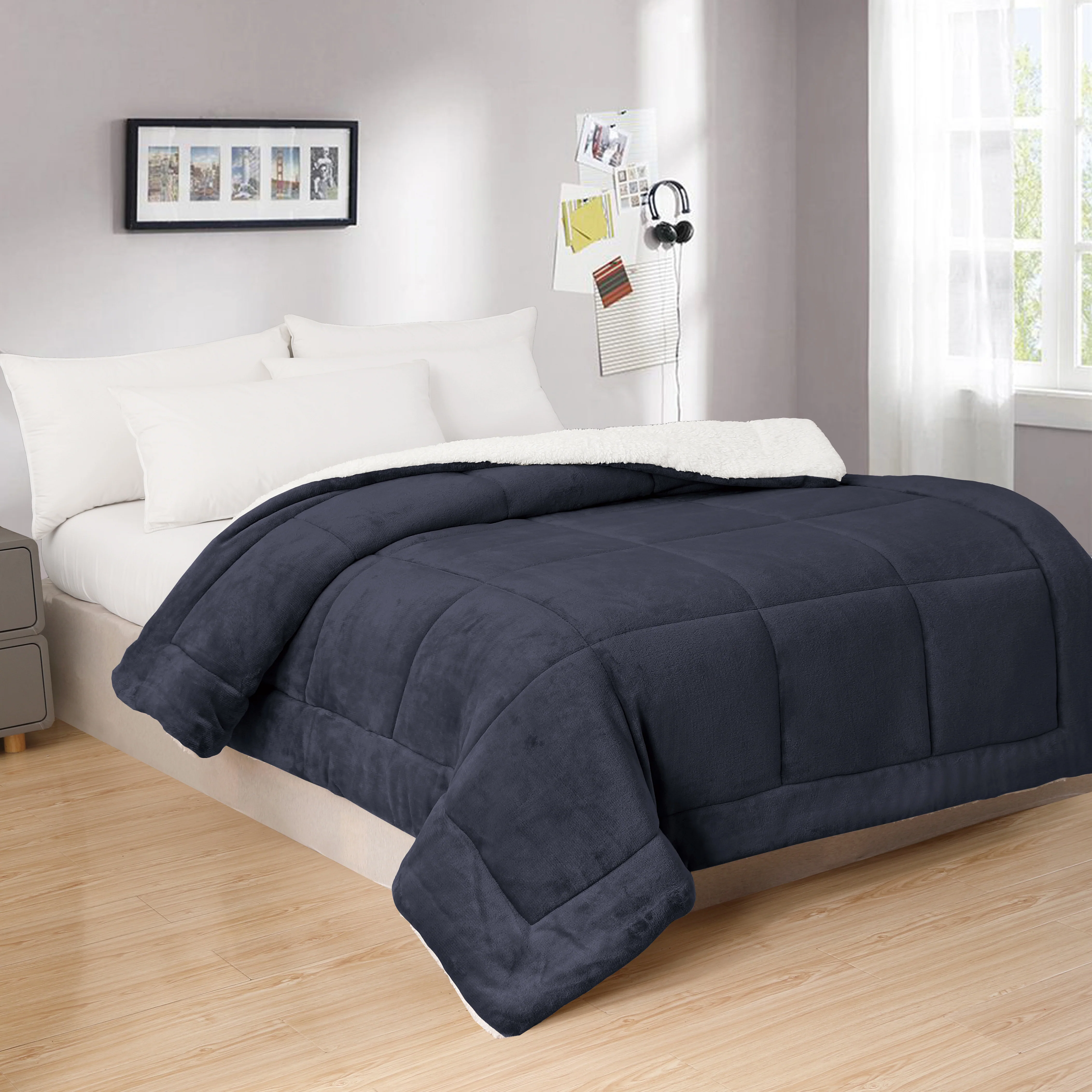 שמיכת כבש זוגי 200/220 ס"מ ממולאת כחול כהה - Image 3