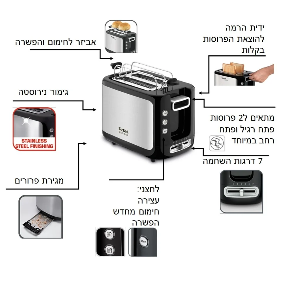 מצנם 2 פרוסות 850W כסוף שחור דגם TT365027 של טפאל - Image 3