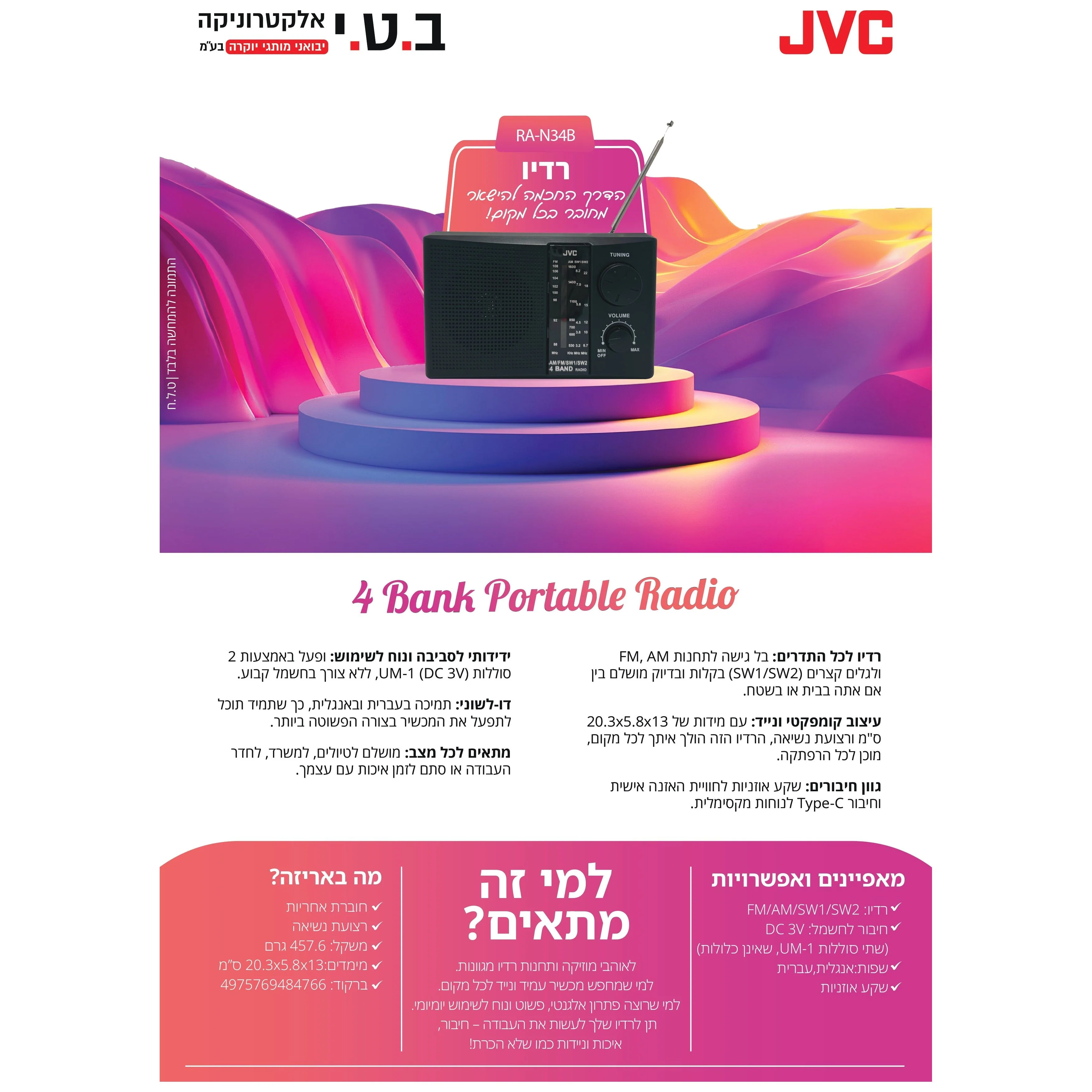 טרנזיסטור רדיו שחור דגם RA-N34B של JVC - Image 4