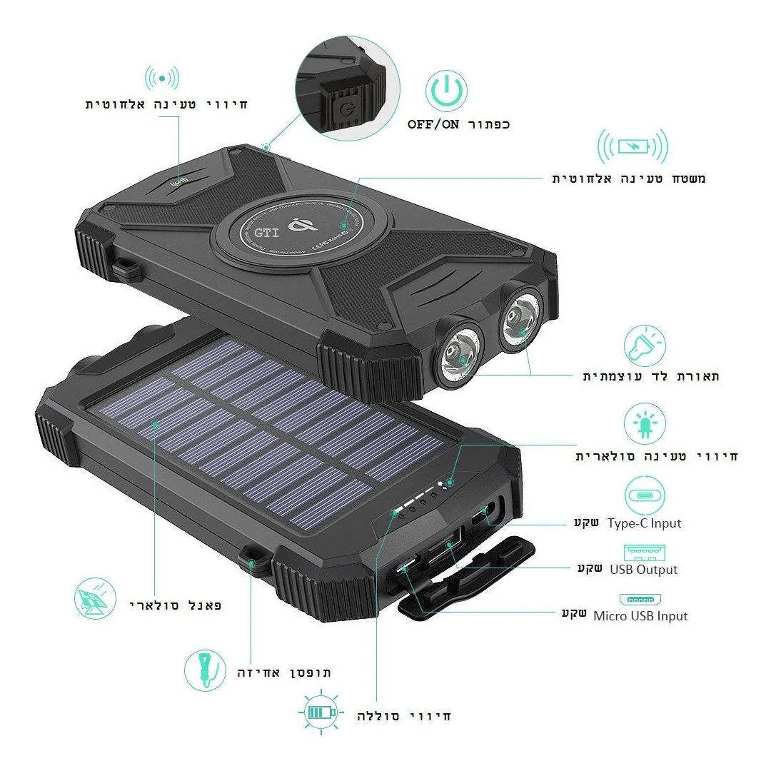 סוללת גיבוי סולארית 10000MAH עם תאורת לד - Image 4