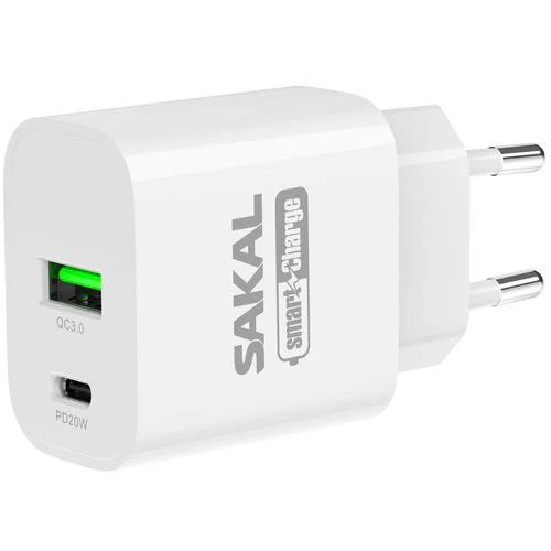 מטען חשמל מהיר 20W עם 2 יציאות USB+TYPE-C. SMART CHARGE דגם 100078 של SAKAL