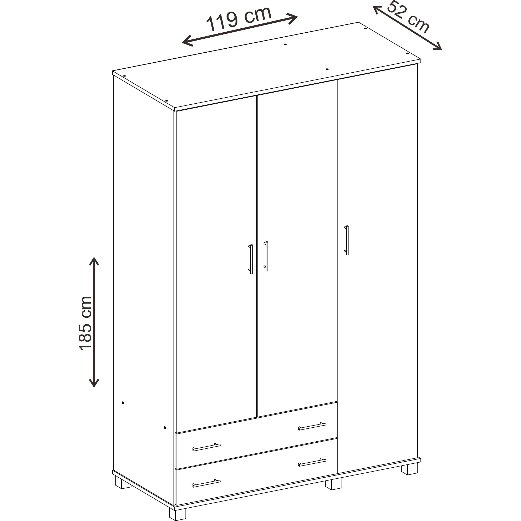 ארון בגדים 3 דלתות+2 מגירות צבע לבן - Image 6