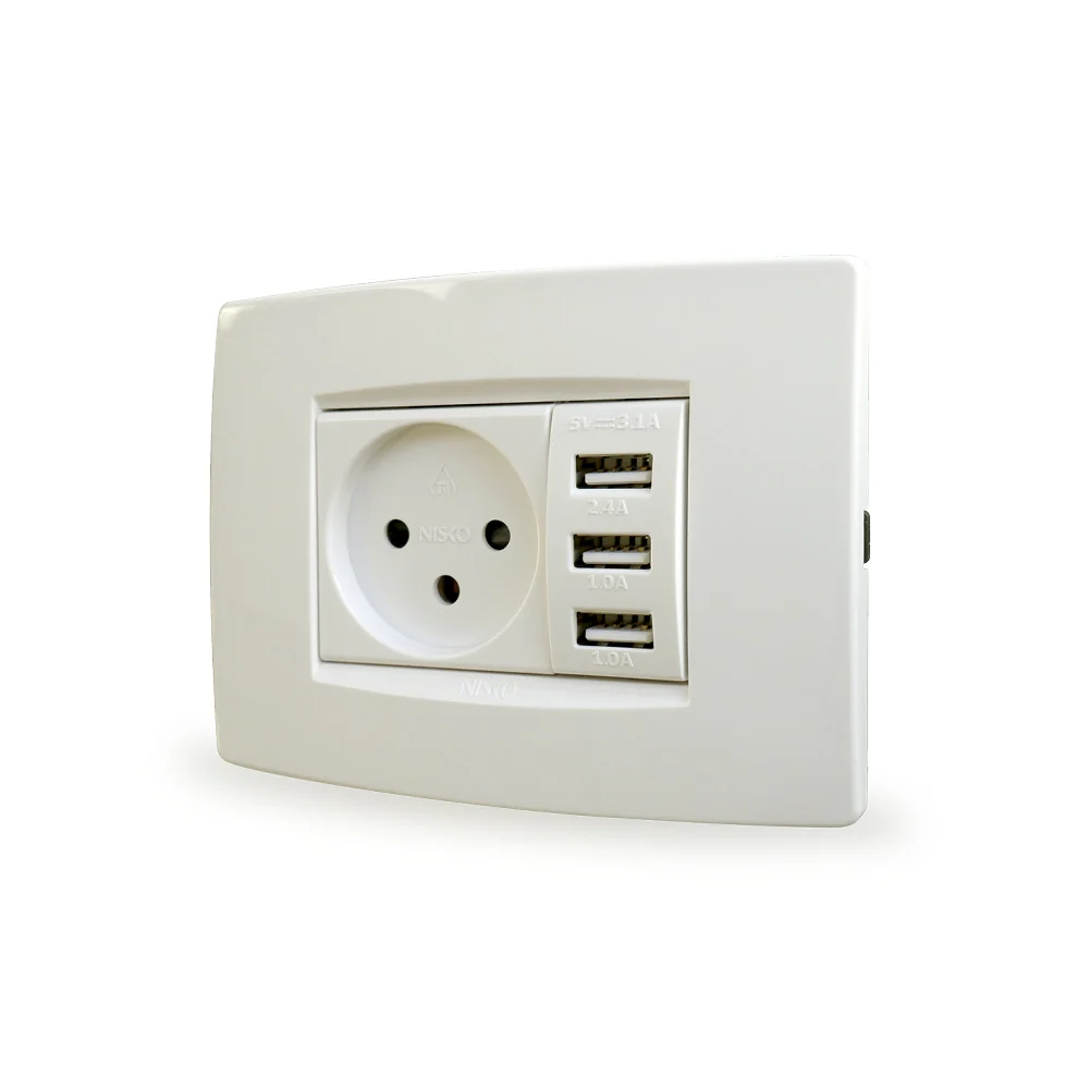 מארז טריפל USB 2C+A PD 20W, שקע כח, מתאם ומסגרת BE לבנה 3 מודול ניסקו סוויץ'